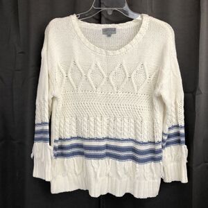Joseph A Womens PM Cable Knit Tassel Sweater White w/ Blue Stripes Crochet Top